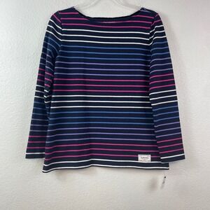 Talbots Womens Small Petite Striped Cotton Boat Neck Long Sleeve Top Navy Pink